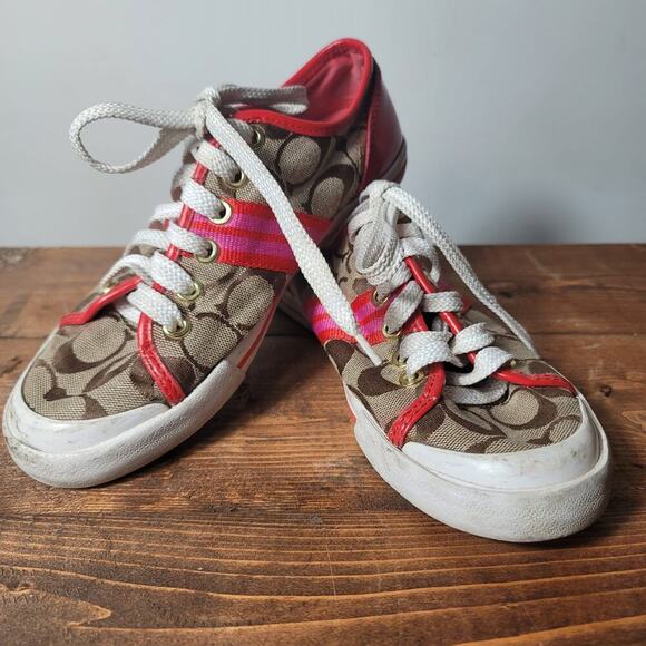 Coach Canvas Shoe Low Top Red and Brown Womens Size 5.5 - Picture 2 of 8